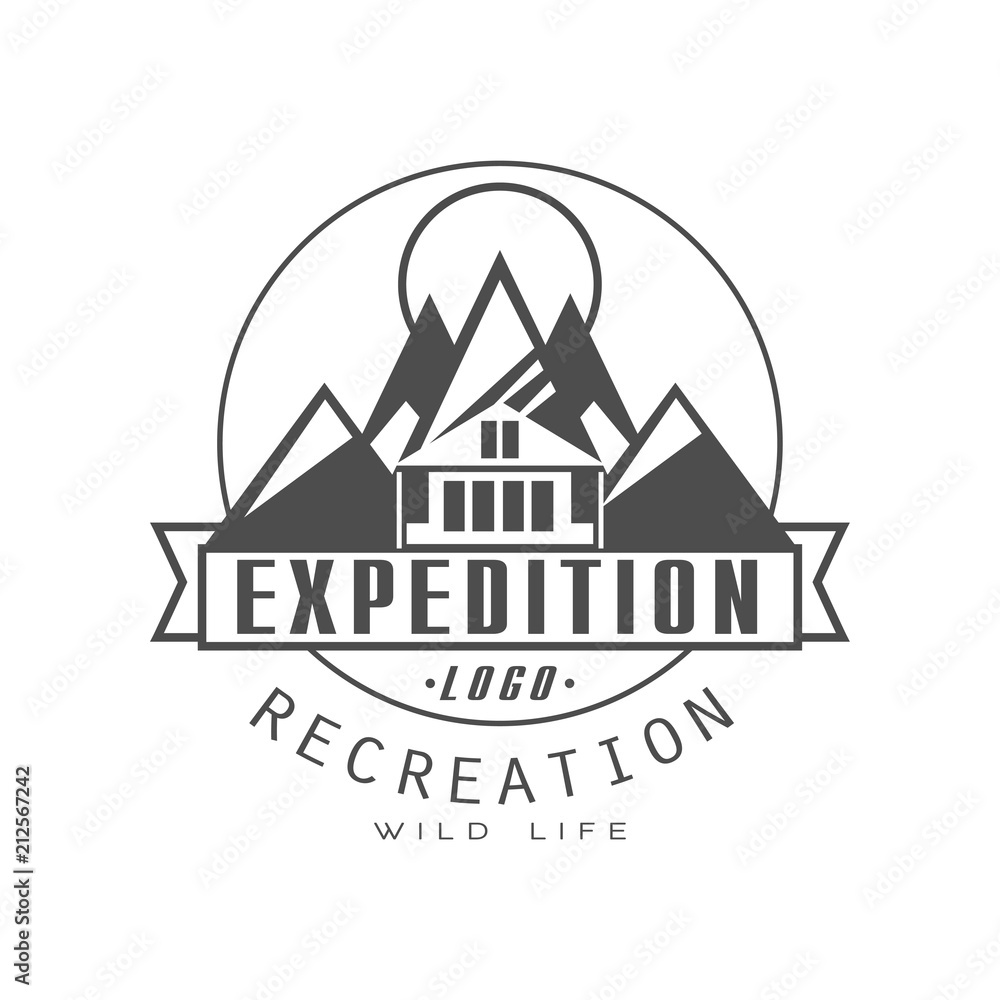 Expedition logo design, recreation badge, vintage black and white mountain exploration outdoor adventure symbol, vector Illustration on a white background