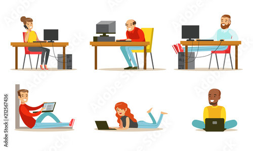 Flat vector set of cartoon peoples with laptops and computers. Men and women working in internet, playing video games or chatting
