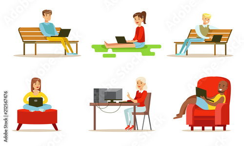 Flat vector set of people with computers. Young girls and guys using laptops. Internet users watching movie, chatting or working