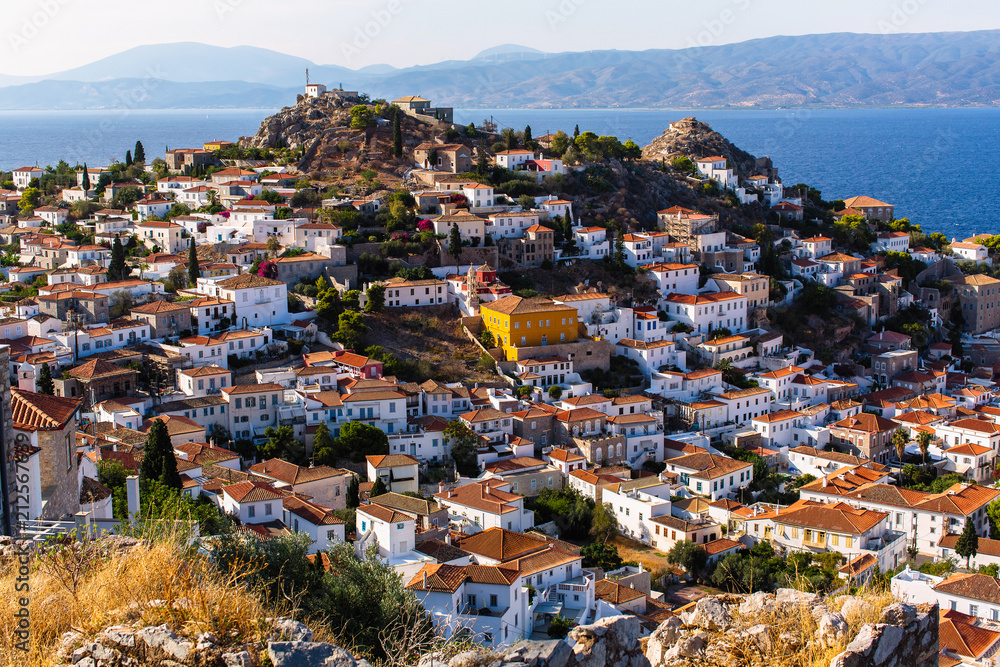 Naklejka premium Bird's eye view of the houses on Hydra island, Greece.