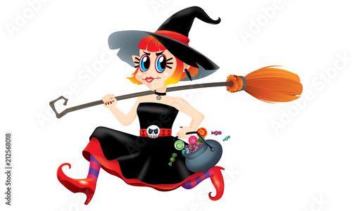 A running cute witch, holding a bowl of candies and a magic broom in her hand. Isolated.