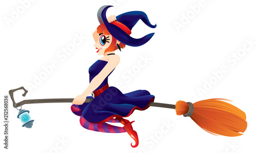 A cute witch flying with her magic broom. Isolated.