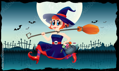 A running cute witch, holding a bowl of candies and a magic broom in her hand. With spooky background.