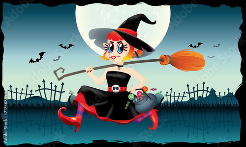 A running cute witch, holding a bowl of candies and a magic broom in her hand. With spooky background.
