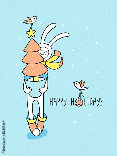 Cute Happy Holidays gift card with funny bunny