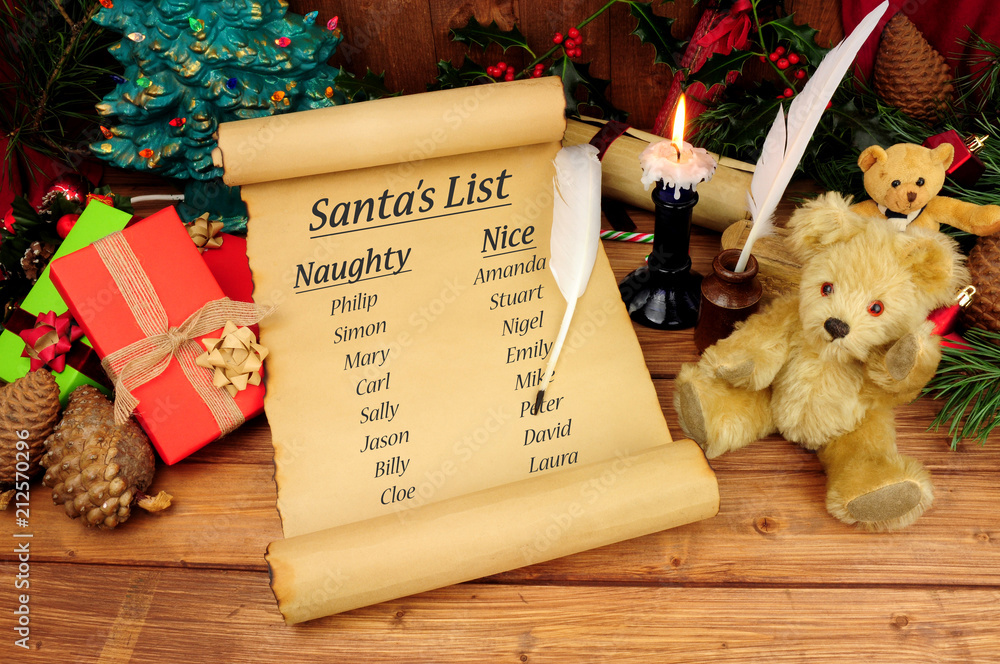 Santa's naughty and nice list on an old paper scroll with a festive
