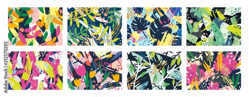 Collection of creative abstract horizontal backgrounds or backdrops with tree branches, leaves, colorful stains and scribble. Bright colored decorative vector illustration in trendy artistic style.