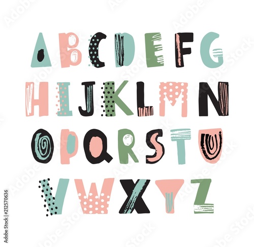 Funky latin font or childish english alphabet hand drawn on white background