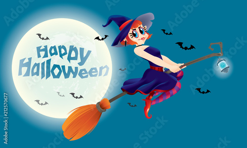 A cute witch flying with her magic broom. With full moon night scene.