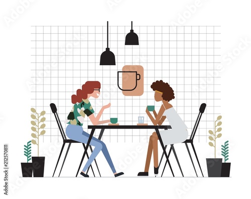 Two girls or pair of female friends sitting at table, drinking coffee and talking. Friendly meeting and conversation at cafe. Cute cartoon characters. Colorful vector illustration in flat style.