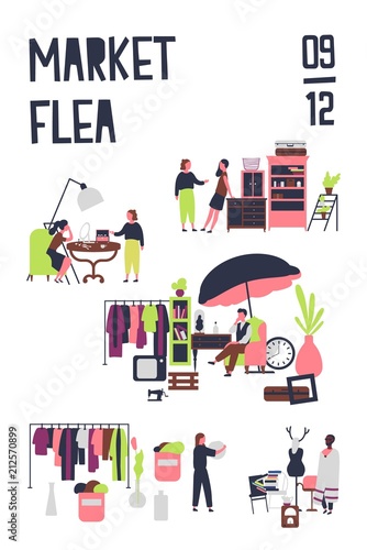 Poster template for flea market or rag fair with buyers and sellers of accessories, vintage furnishings, stylish clothing. Colored vector illustration in flat cartoon style for event announcement.