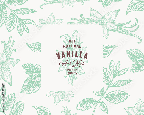 Hand Drawn Mint and Vanilla Vector Background Pattern. Abstract Spices Sketch Card or Cover Template with Classy Retro Typography and Emblem.