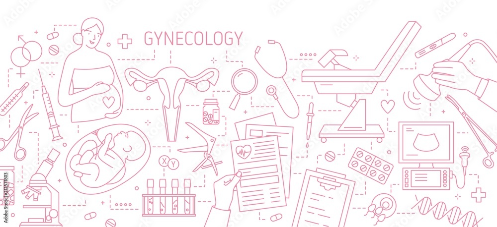Banner with pregnant woman, baby in womb, uterus, gynecological tools and equipment drawn with contour lines on white background. Gynecology and obstetrics. Vector illustration in lineart style.