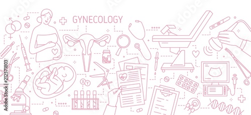 Banner with pregnant woman  baby in womb  uterus  gynecological tools and equipment drawn with contour lines on white background. Gynecology and obstetrics. Vector illustration in lineart style.