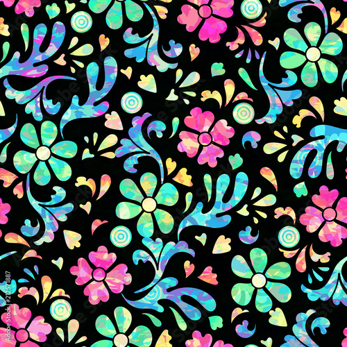 Floral  seamless  pattern with bright flowers on dark background. Vector illu...