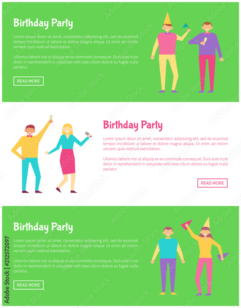 Bright Birthday Party Cards Vector Illustration Bright Birthday Party Cards Vector Illustration