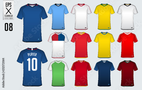 Soccer jersey, football kit, t-shirt sport  template design for sport club. Football t-shirt mock up. Front and back view soccer uniform. Sportswear Catalog. Vector Illustration.