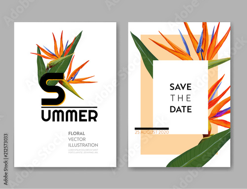Wedding Invitation Template with Flowers and Palm Leaves. Tropical Floral Save the Date Card. Exotic Flower Romantic Design for Greeting Postcard, Birthday, Anniversary. Vector illustration