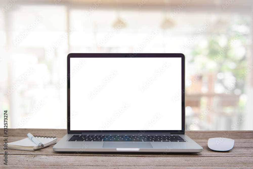 Computer notebook and mouse with a coffee shop Computer notebook and mouse with a coffee shop