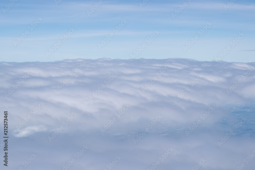 Natural background, cloudy sky, top view, airplane view.