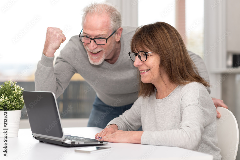 Happy mature couple having a good surprise on laptop Happy mature couple having a good surprise on laptop