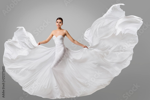 Woman White Dress, Wedding Fashion Model in Long Silk Bride Gown, Waving Flying Fabric, Cloth Fluttering on Wind