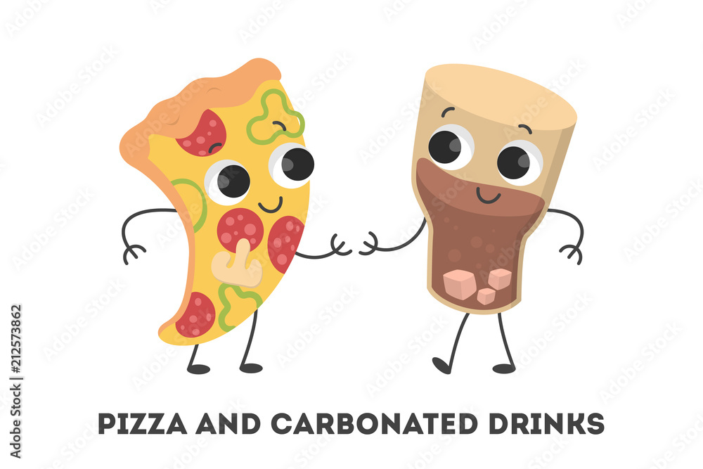 Funny soda drink and pizza slice standing together Funny soda drink and pizza slice standing together
