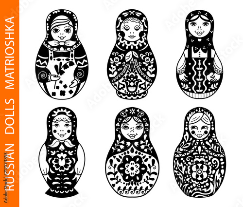 Set of Russian traditional nested dolls (matryoshka). Black and White Illustration. Template for style design.  