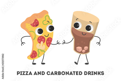 Funny soda drink and pizza slice standing together