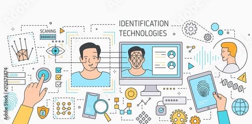 Horizontal banner with facial recognition technology tools, software for fingerprint scanning, verification and identification of person. Colorful vector illustration in modern line art style.
