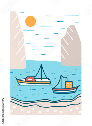Beautiful summer landscape with boats or yachts sailing in sea or ocean bay a...