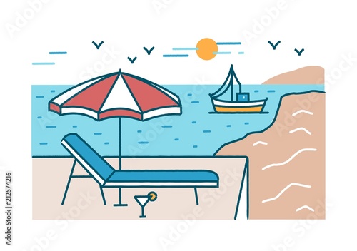 Summer scenery with sunlounger, cocktail and umbrella standing against yacht ...