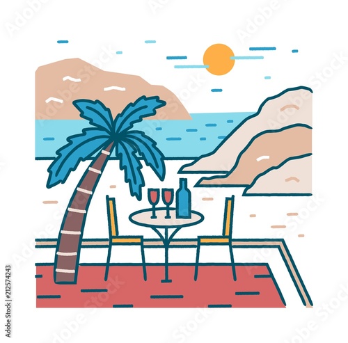 Landscape with romantic restaurant table and glasses of wine at exotic beach against ocean, cliffs and sun on background