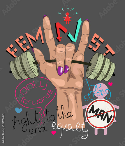 Illustration for t-shirt, clothes, postcard, poster. Female hand holding the bar. Illustration on the theme of feminism.