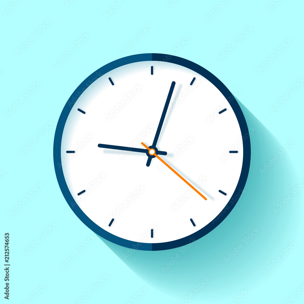 Clock icon in flat style, round timer on blue background. Simple watch. Vector design element for you business projects Clock icon in flat style, round timer on blue background. Simple watch. Vector design element for you business projects