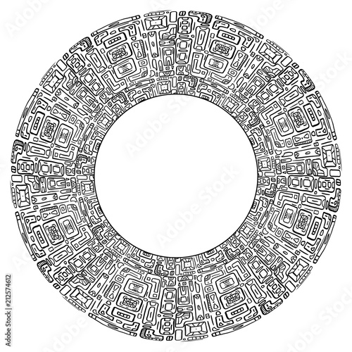 Round frame with black and white  tribal doodle pattern from geometric shapes.  Vector template with  native pattern for invitation, greeting card and your creativity