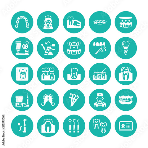 Dentist, orthodontics flat glyph icons. Dental equipment, braces, tooth prosthesis, veneers, floss, caries treatment medical elements. Dentistry clinic Solid silhouette pixel perfect 64x64.