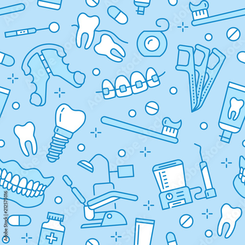 Dentist, orthodontics blue seamless pattern with line icons. Dental care, medical equipment, braces, tooth prosthesis, floss, caries treatment, toothpaste. Health care background for dentistry clinic.