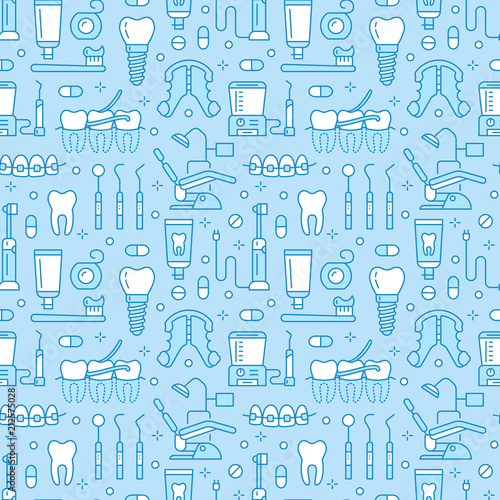 Dentist, orthodontics blue seamless pattern with line icons. Health care background for dentistry clinic. Dental care, medical equipment, braces, tooth prosthesis, floss, caries treatment, toothpaste.