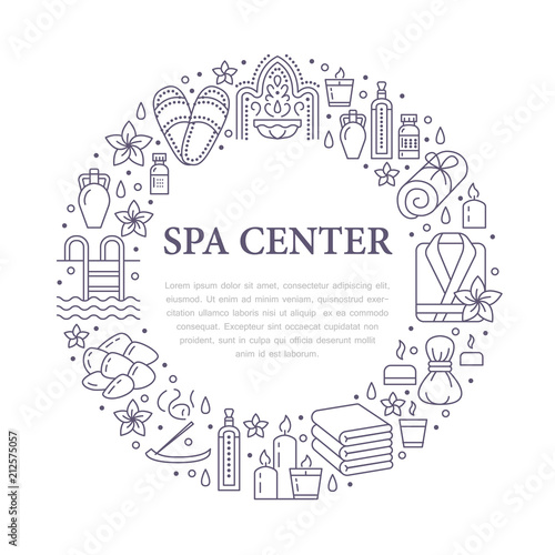 Spa center banner illustration with flat line icons. Essential oils, aromatherapy massage, turkish steam bath hamam sauna, swimming pool. Circle template thin linear signs body treatments.