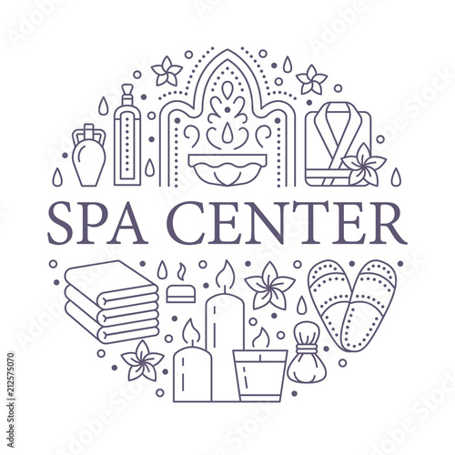Spa center banner illustration with flat line icons. Essential oils, aromatherapy massage, turkish steam bath hamam sauna. Circle template thin linear signs body treatments.