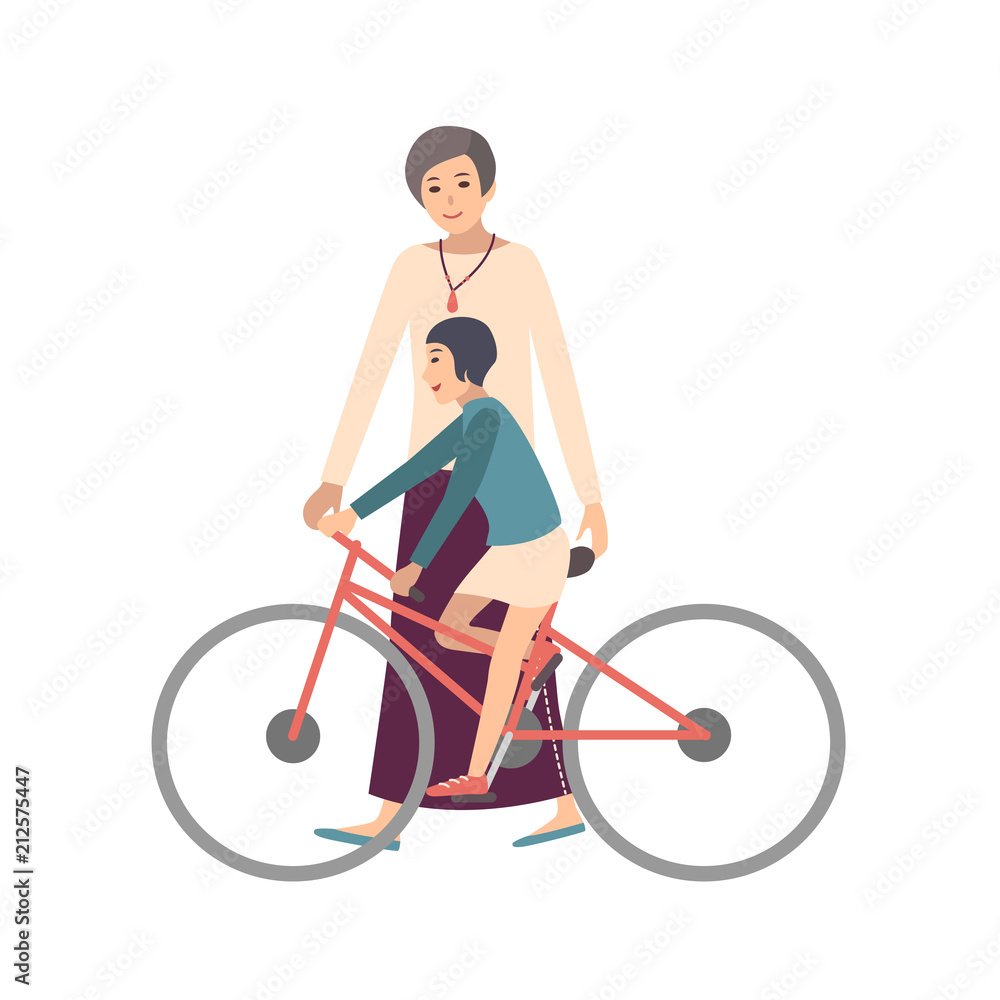 Mom teaching daughter ride bicycle. Mother showing little girl how to pedal  bike. Parent and child spending time together. Cartoon characters isolated  on white background. Flat vector illustration. Stock Vector | Adobe