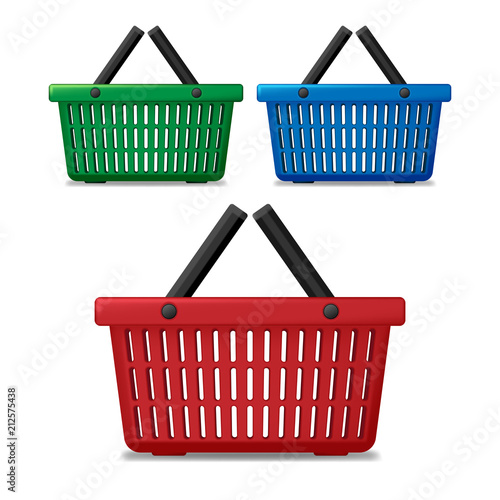 Realistic red, blue and green empty supermarket shopping basket isolated. Basket market cart for sale with handles. vector illustration