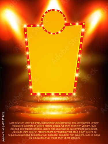 Poster Template banner with podium and spotlights. Design for presentation, banner, concert, show