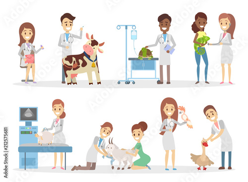 Set of cute animals in a vet clinic