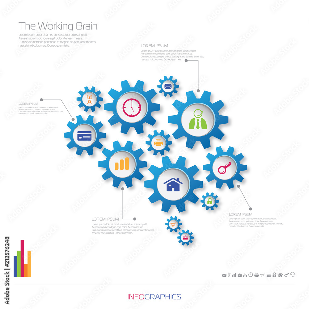 Inforgraphic showing a working brain with cogs. Icons included. Inforgraphic showing a working brain with cogs. Icons included.