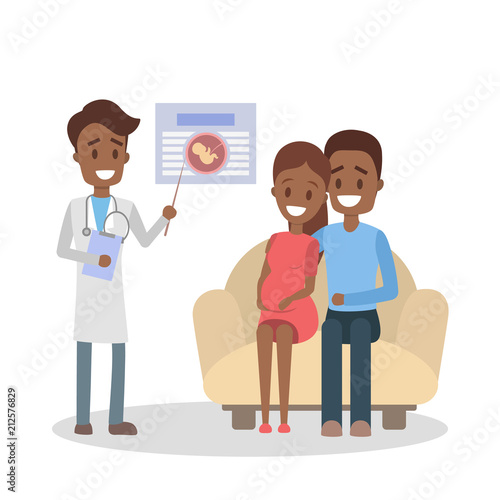 Pregnant woman and her husband consulting with doctor