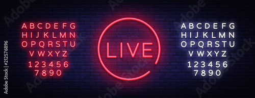 Live neon sign vector. Live Stream design template neon sign, light banner, neon signboard, nightly bright advertising, light inscription. Vector illustration. Editing text neon sign