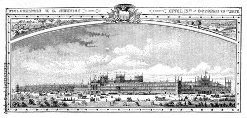 Vintage print, banner of the Philadelphia world fair 1876, the Centennial International Exhibition, first world fair in United States, historical Expo in the Memorial Hall of Fairmount Park