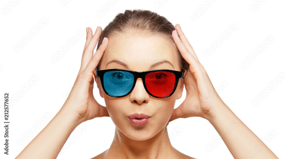 face expressions and people concept - portrait of excited young woman or teenage girl in red blue 3d glasses face expressions and people concept - portrait of excited young woman or teenage girl in red blue 3d glasses